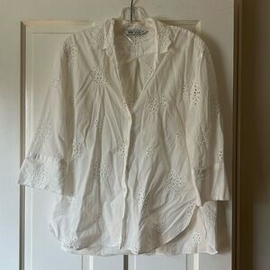 Zara white eyelet 3/4 length sleeve top blouse